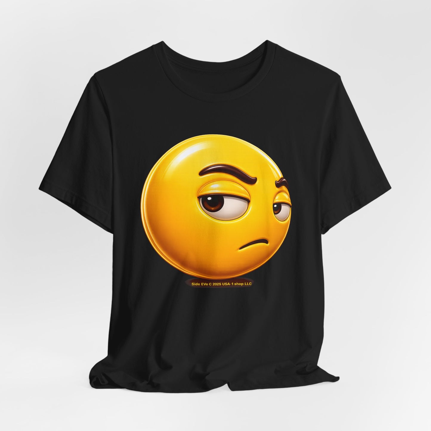 Side Eye T‑Shirt — Smirking Face Graphic Tee Front side print