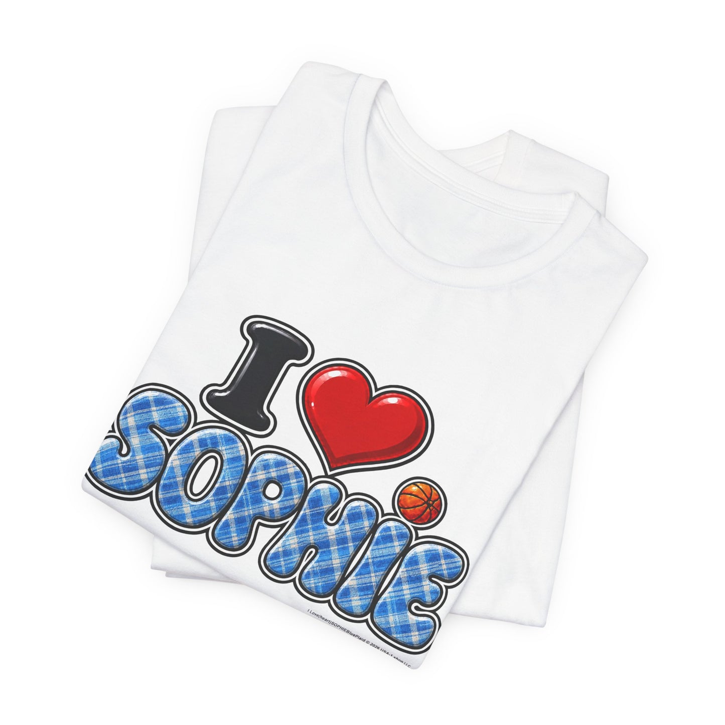 I  Love(heart) Sophie Blue Plaid Graphic Tee — Front Side Print