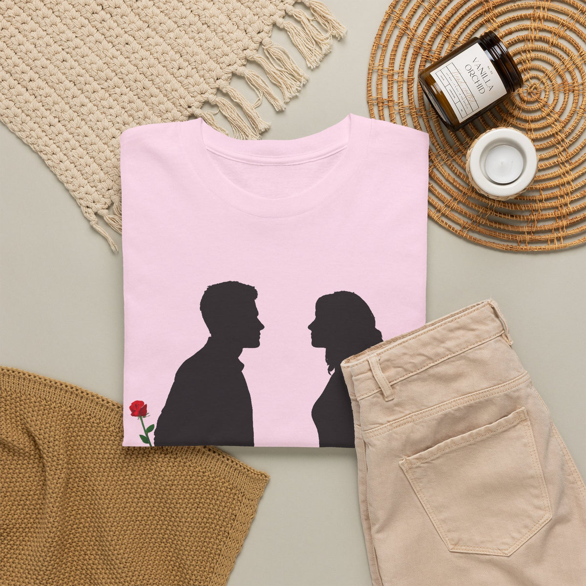 Romantic Silhouette Tee – Man with Rose, Woman with Knife Graphic Shirt