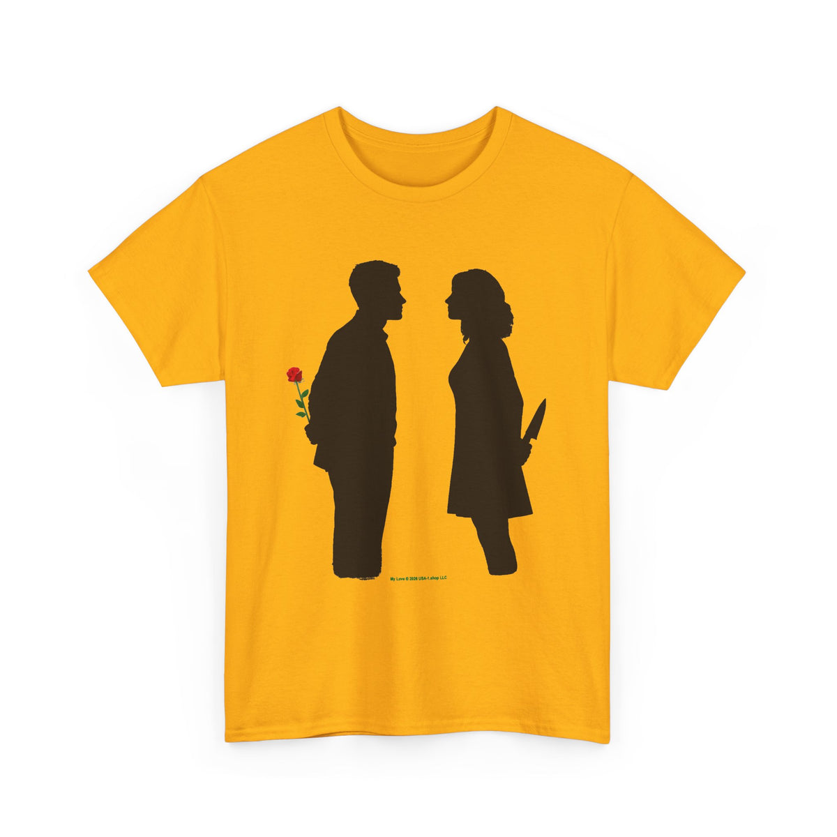 Romantic Silhouette Tee – Man with Rose, Woman with Knife Graphic Shirt