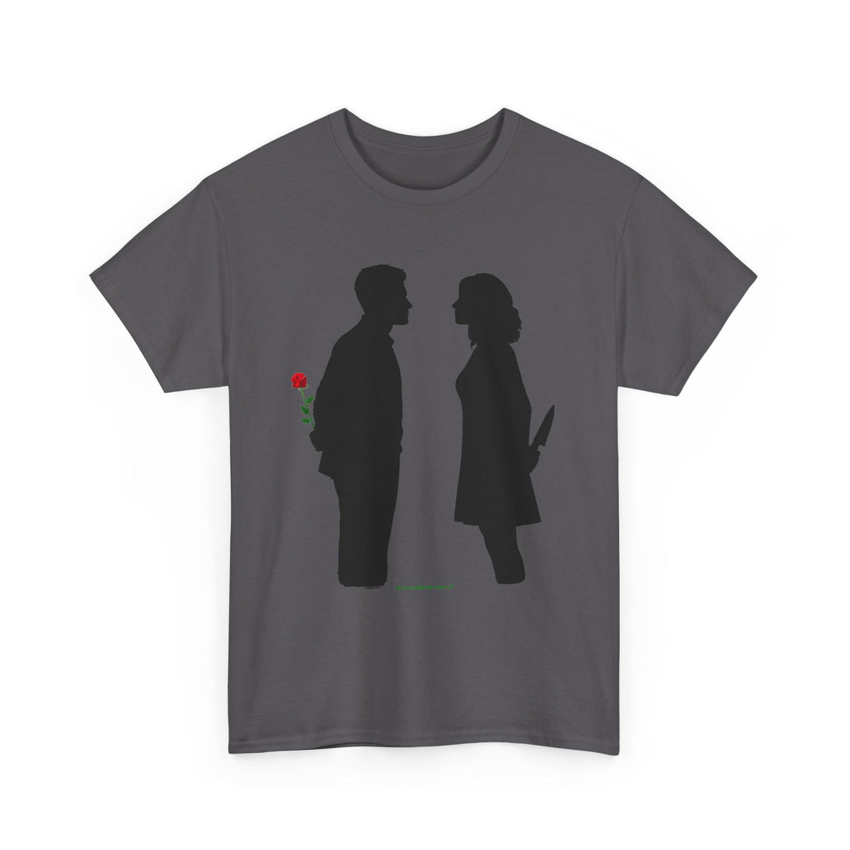 Romantic Silhouette Tee – Man with Rose, Woman with Knife Graphic Shirt