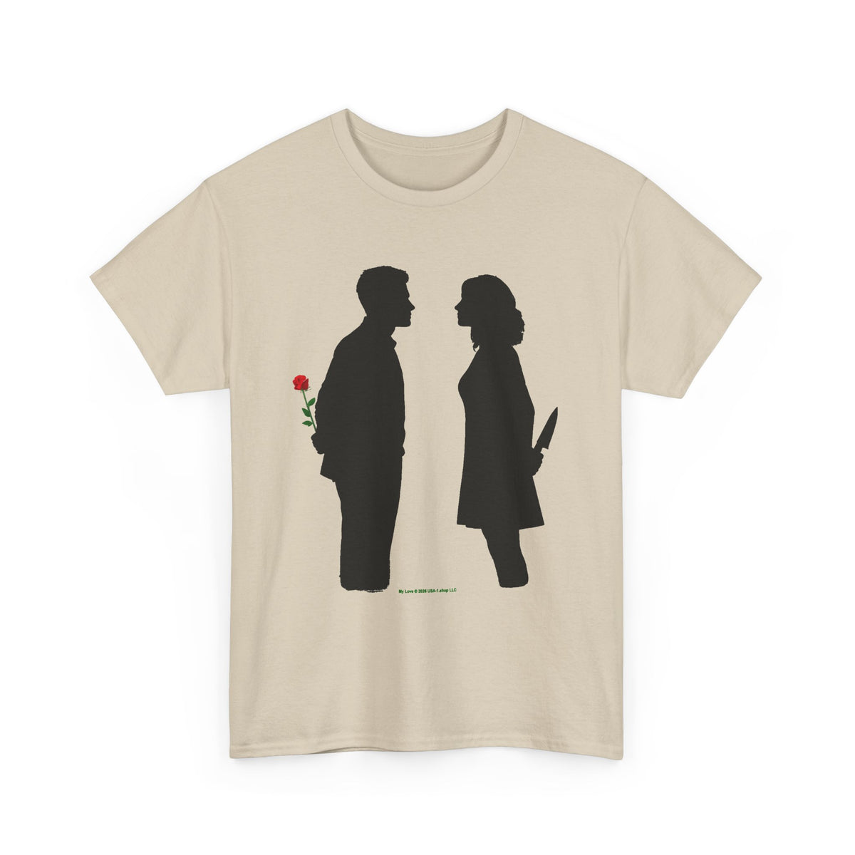 Romantic Silhouette Tee – Man with Rose, Woman with Knife Graphic Shirt