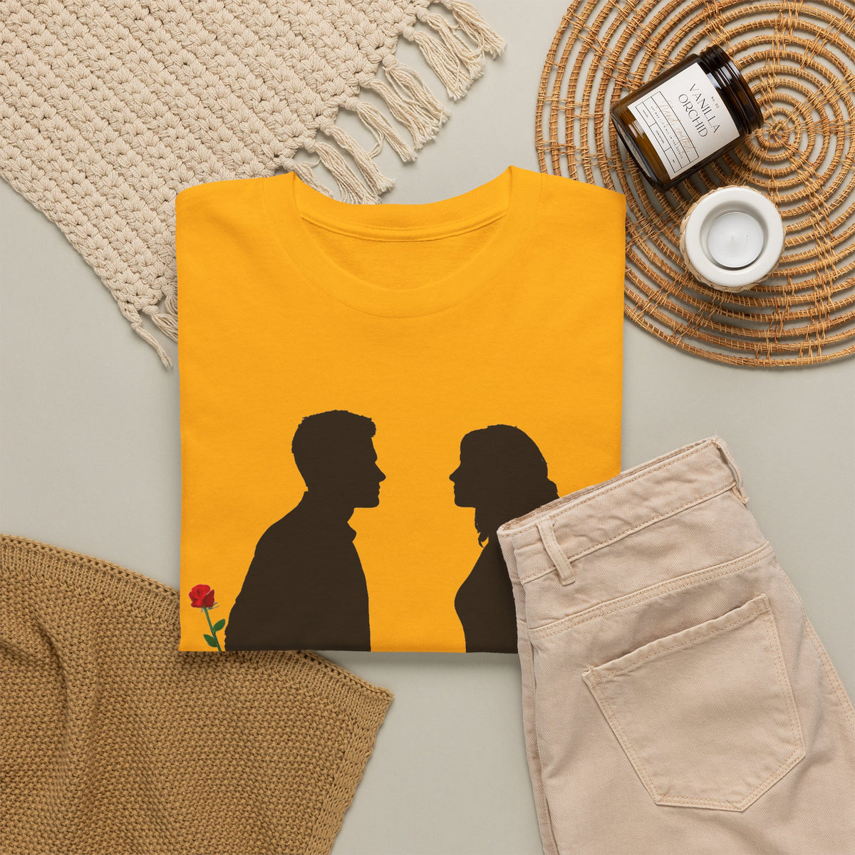 Romantic Silhouette Tee – Man with Rose, Woman with Knife Graphic Shirt