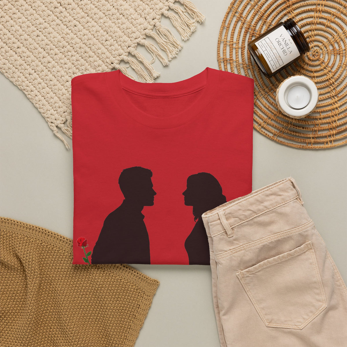 Romantic Silhouette Tee – Man with Rose, Woman with Knife Graphic Shirt