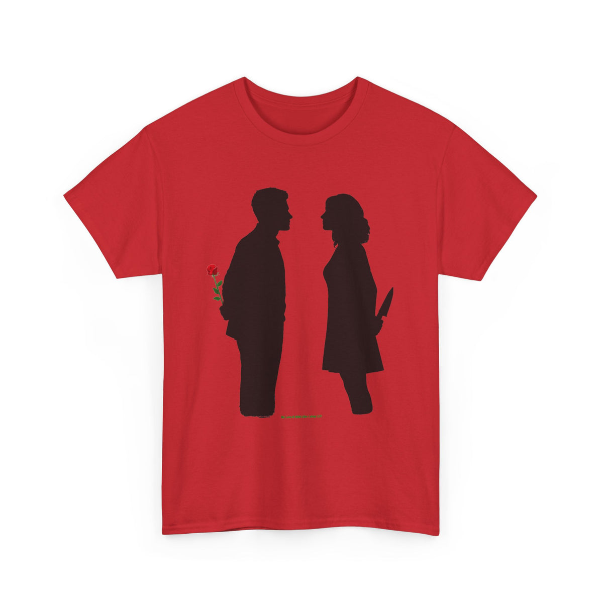 Romantic Silhouette Tee – Man with Rose, Woman with Knife Graphic Shirt