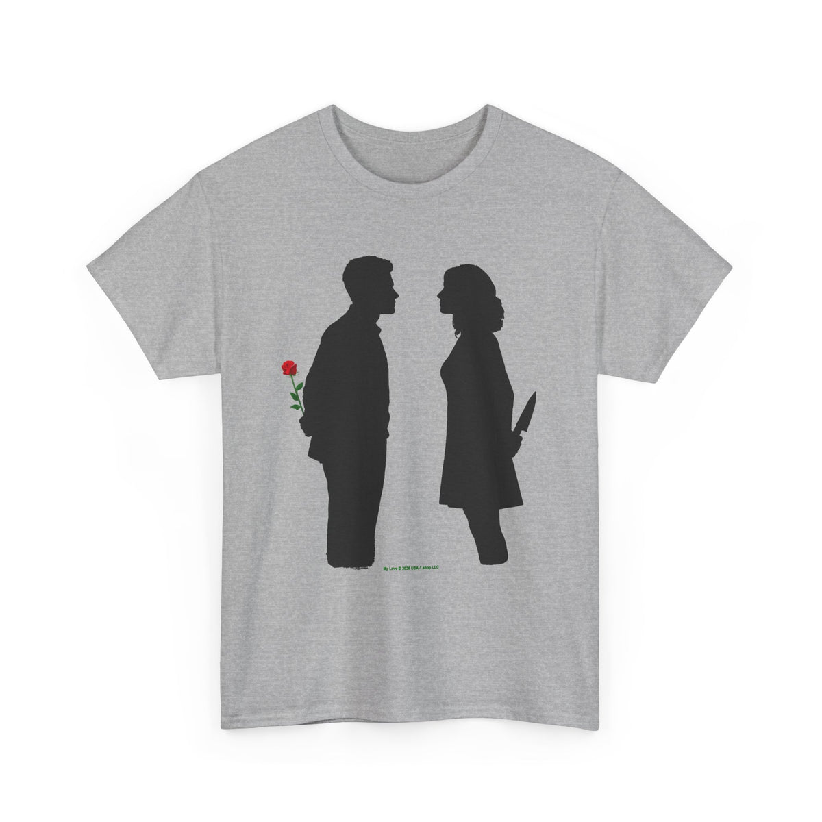 Romantic Silhouette Tee – Man with Rose, Woman with Knife Graphic Shirt
