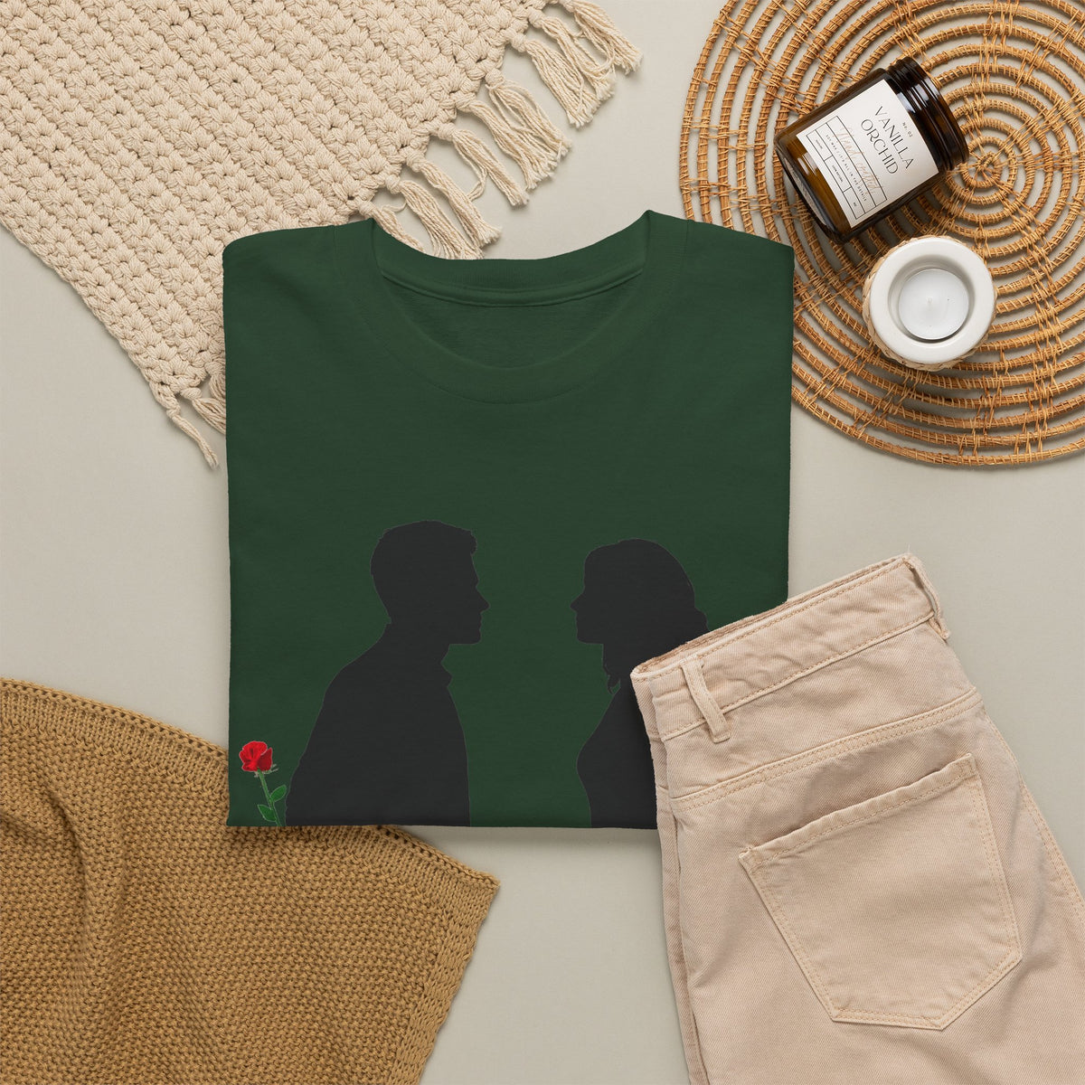 Romantic Silhouette Tee – Man with Rose, Woman with Knife Graphic Shirt