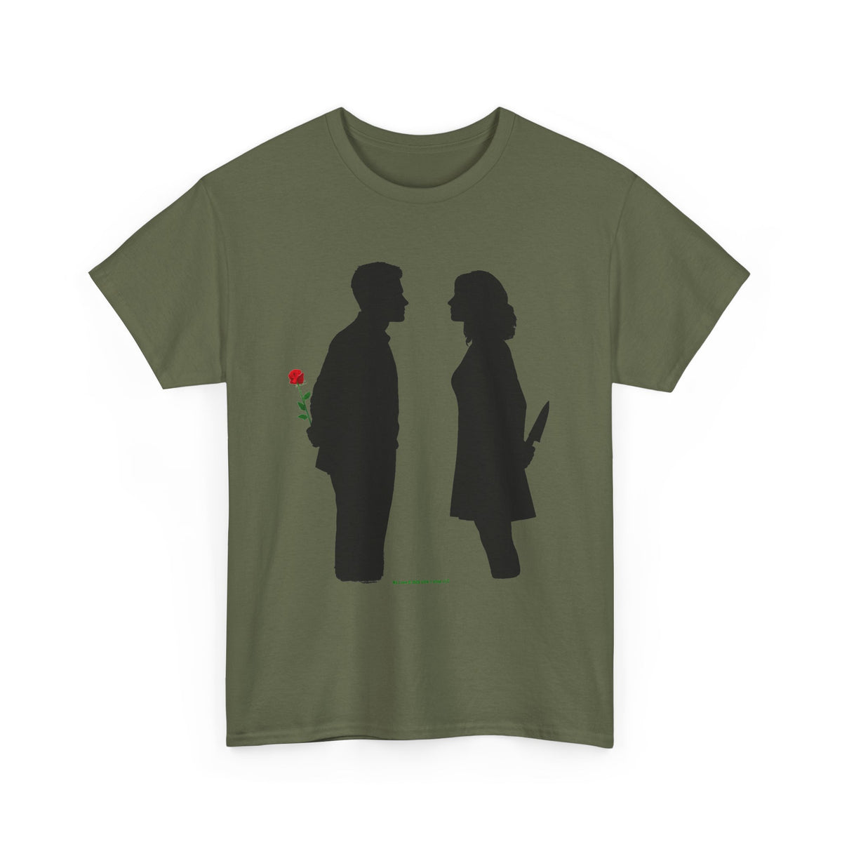 Romantic Silhouette Tee – Man with Rose, Woman with Knife Graphic Shirt