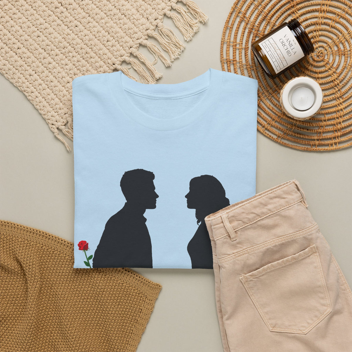 Romantic Silhouette Tee – Man with Rose, Woman with Knife Graphic Shirt
