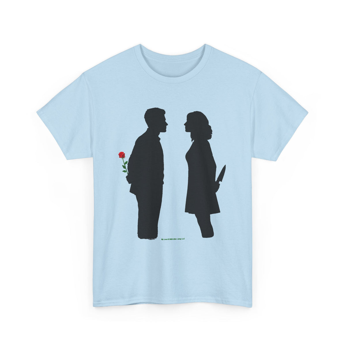 Romantic Silhouette Tee – Man with Rose, Woman with Knife Graphic Shirt