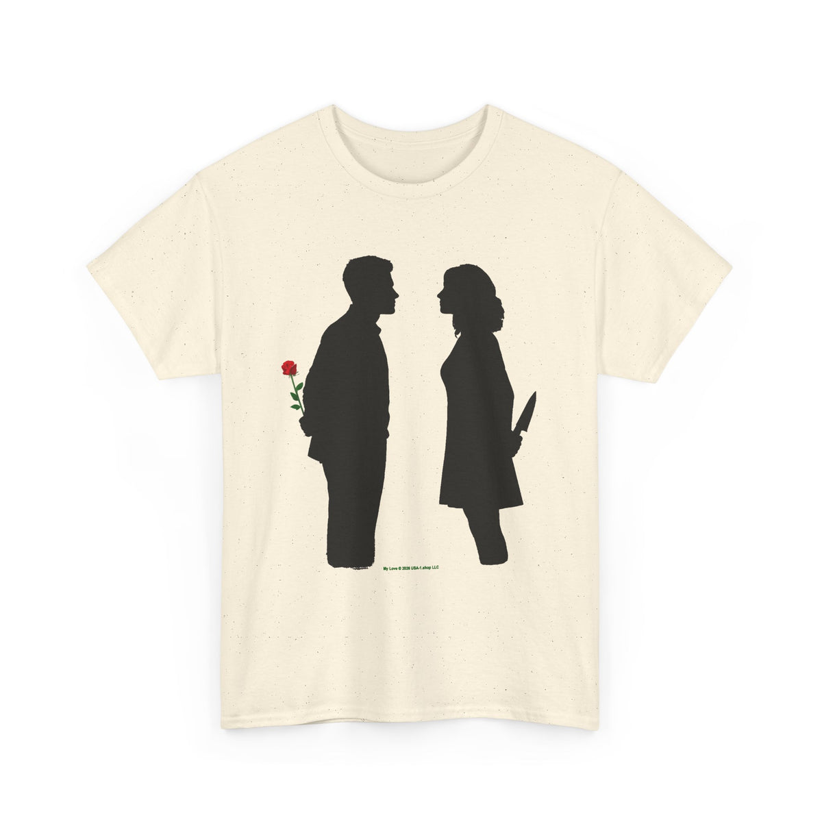 Romantic Silhouette Tee – Man with Rose, Woman with Knife Graphic Shirt