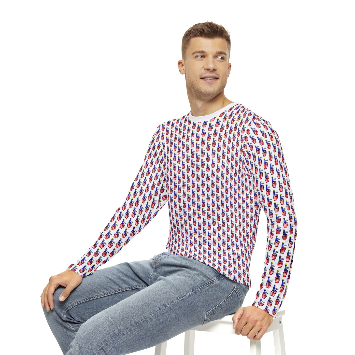 USA-1 Themed Men's Long Sleeve Shirt with Colorful Guitar Print - Perfect for Music Lovers, Casual Wear, Gift for Musicians, Cozy Style