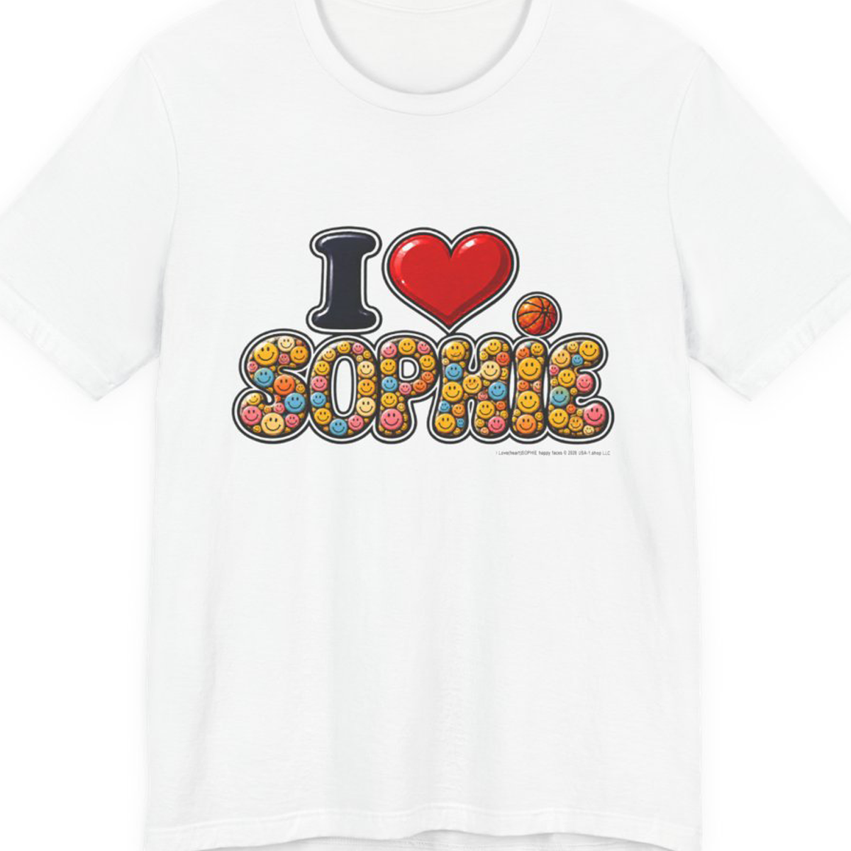 I  Love(heart) Sophie Happy Face Graphic Tee — Front Side Print