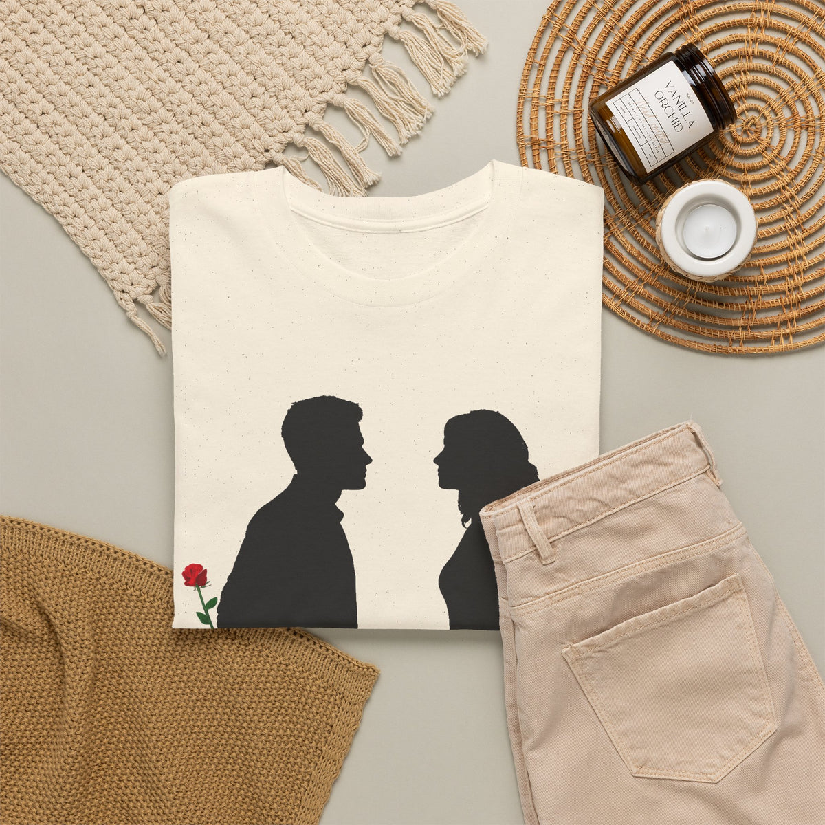 Romantic Silhouette Tee – Man with Rose, Woman with Knife Graphic Shirt