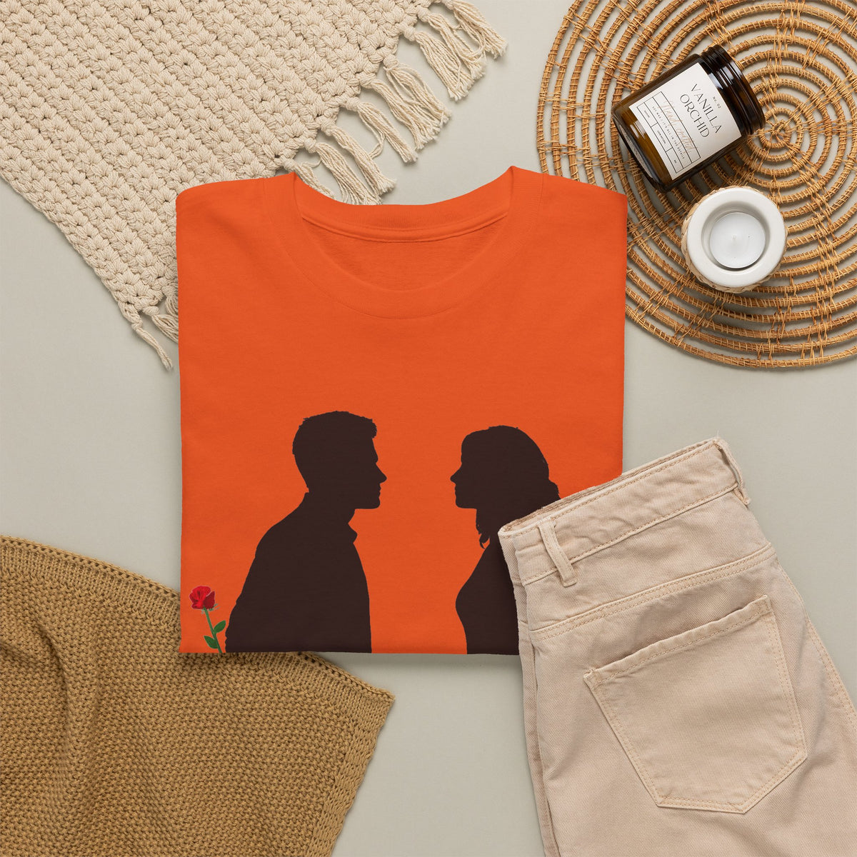 Romantic Silhouette Tee – Man with Rose, Woman with Knife Graphic Shirt