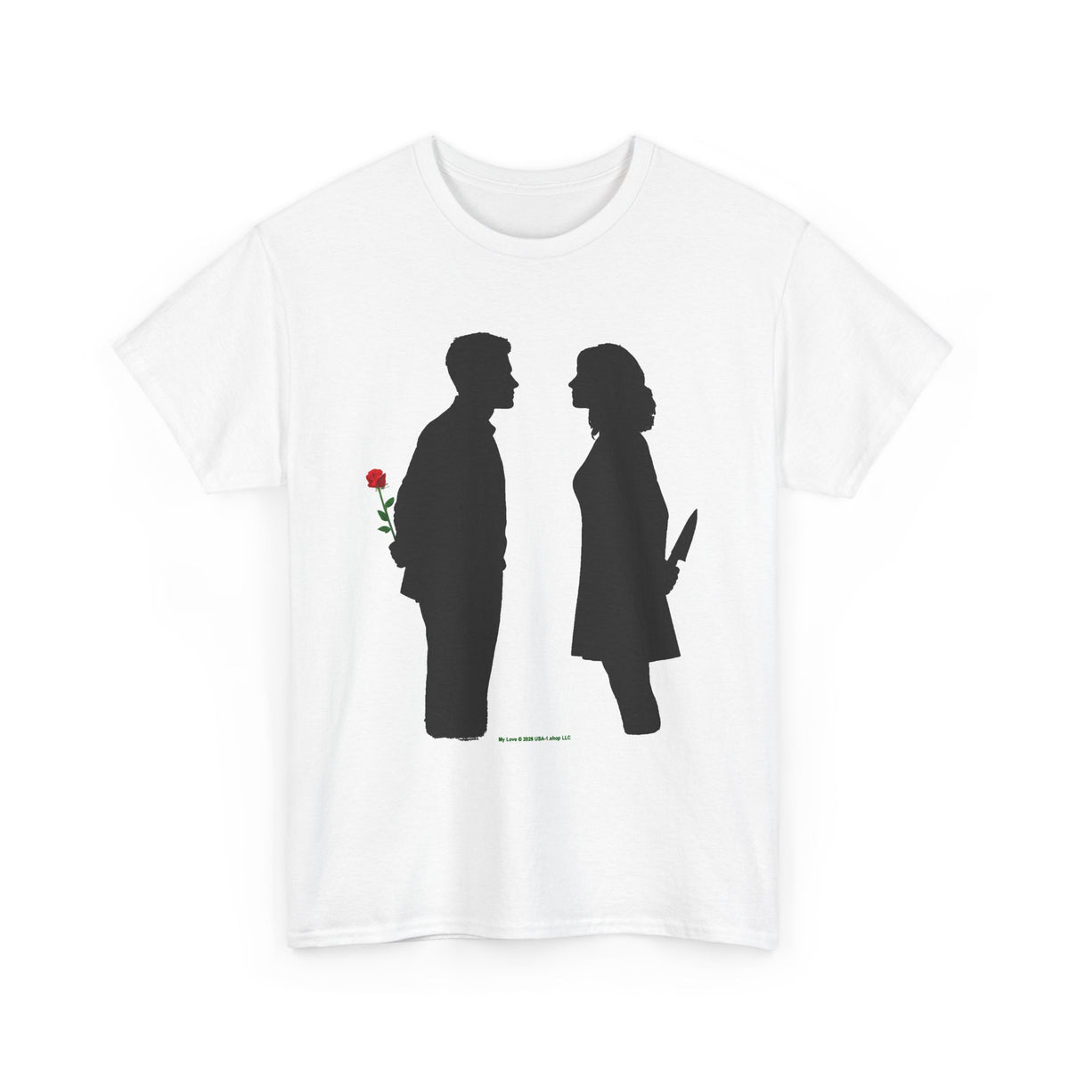 Romantic Silhouette Tee – Man with Rose, Woman with Knife Graphic Shirt