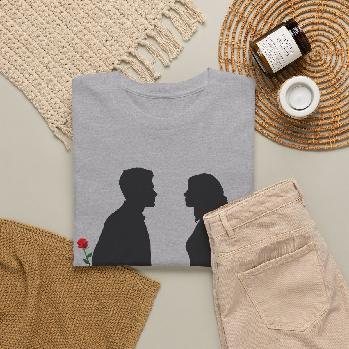 Romantic Silhouette Tee – Man with Rose, Woman with Knife Graphic Shirt