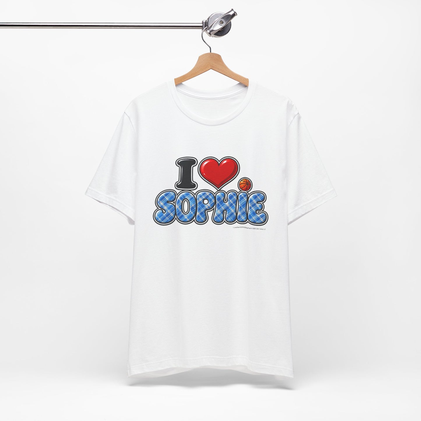 I  Love(heart) Sophie Blue Plaid Graphic Tee — Front Side Print