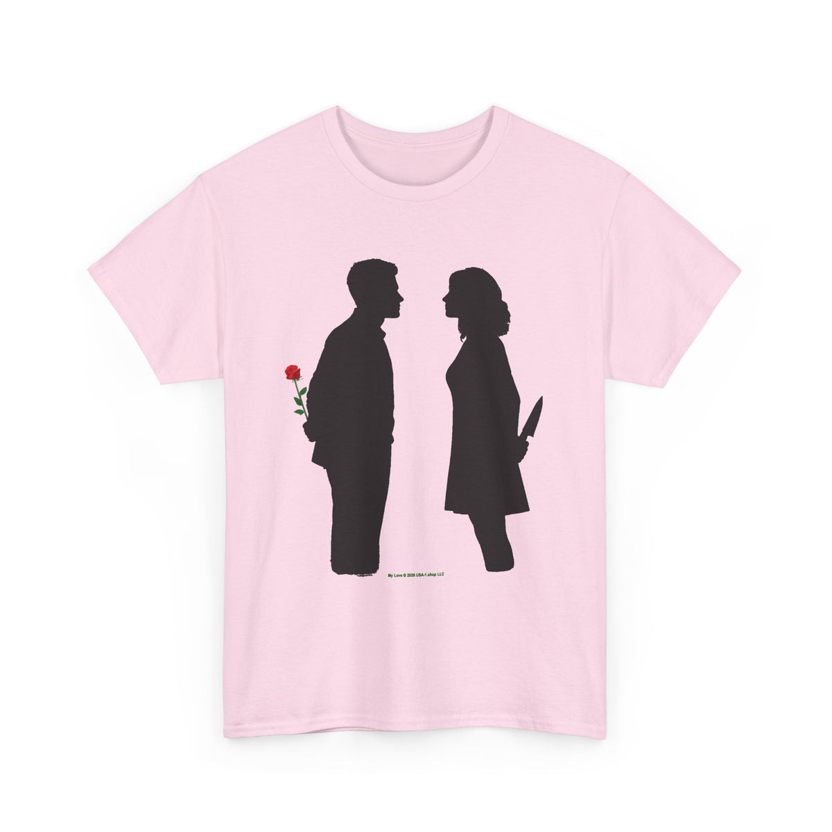 Romantic Silhouette Tee – Man with Rose, Woman with Knife Graphic Shirt