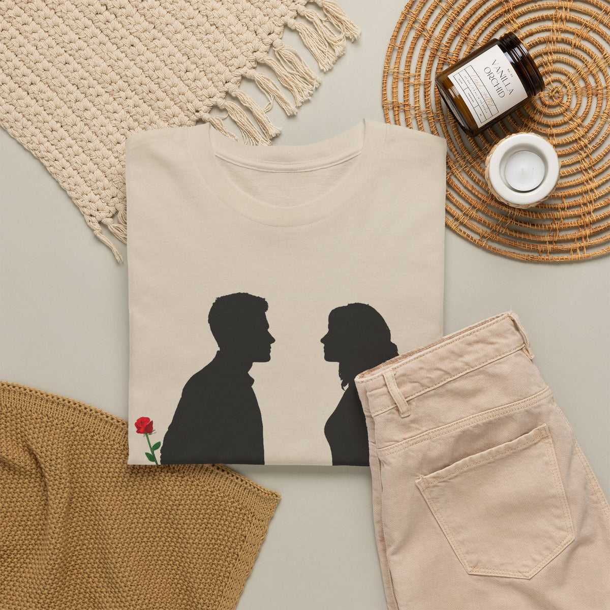 Romantic Silhouette Tee – Man with Rose, Woman with Knife Graphic Shirt