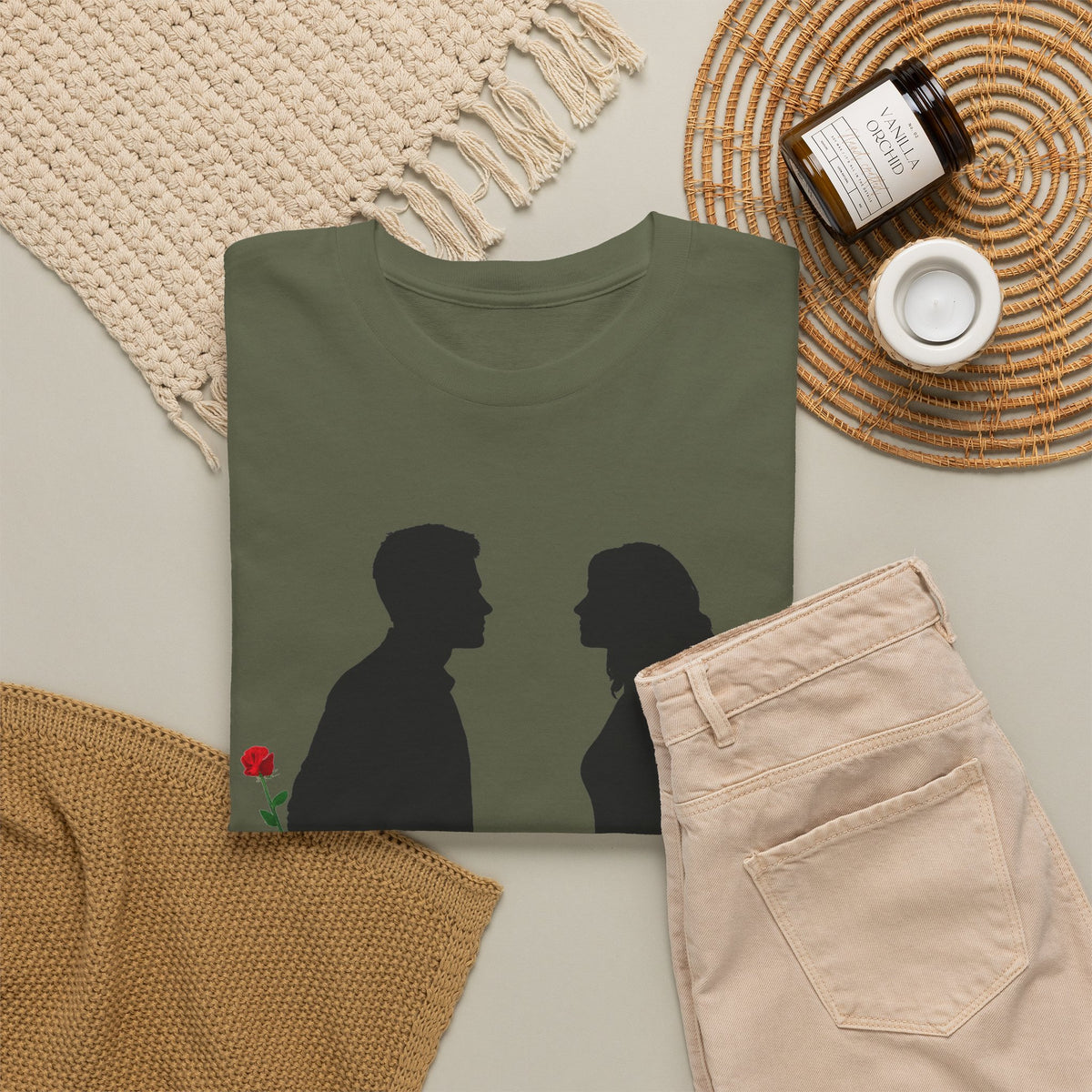 Romantic Silhouette Tee – Man with Rose, Woman with Knife Graphic Shirt