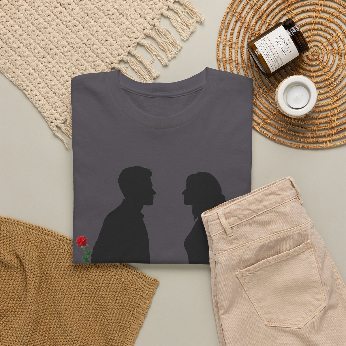 Romantic Silhouette Tee – Man with Rose, Woman with Knife Graphic Shirt
