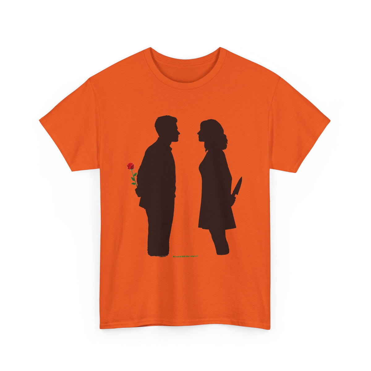 Romantic Silhouette Tee – Man with Rose, Woman with Knife Graphic Shirt