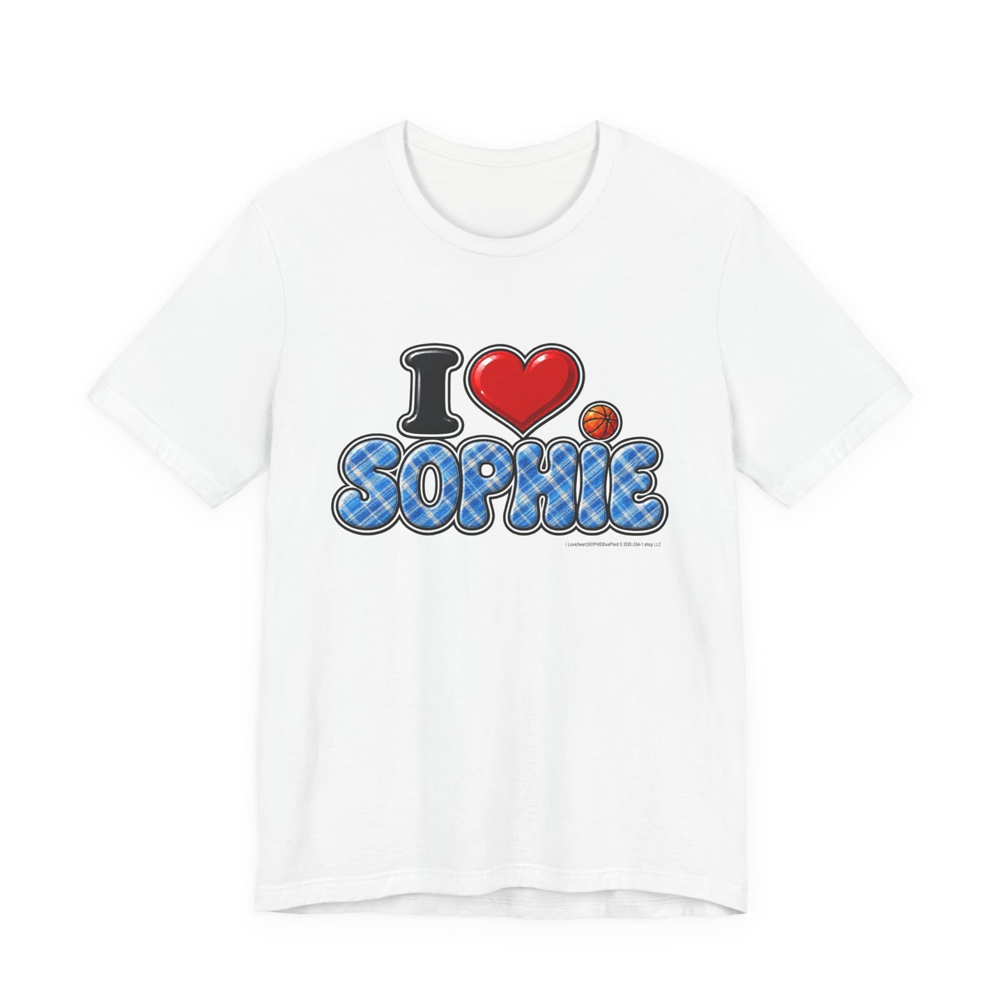 I  Love(heart) Sophie Blue Plaid Graphic Tee — Front Side Print