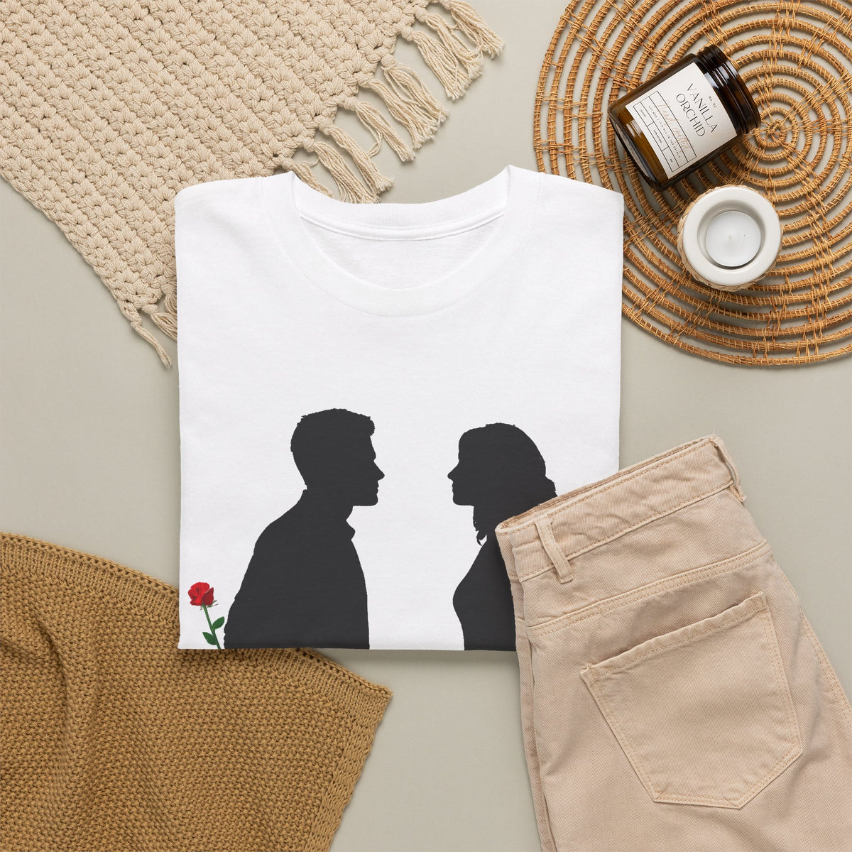 Romantic Silhouette Tee – Man with Rose, Woman with Knife Graphic Shirt